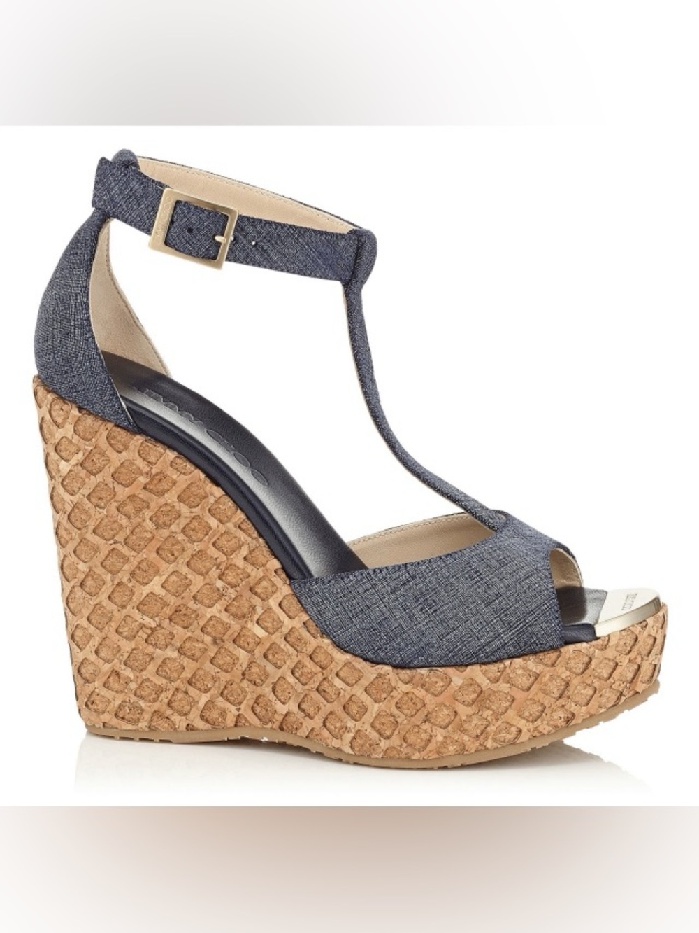 Jimmy Choo Pela Denim Blue T- Strap Wedge Sandals
